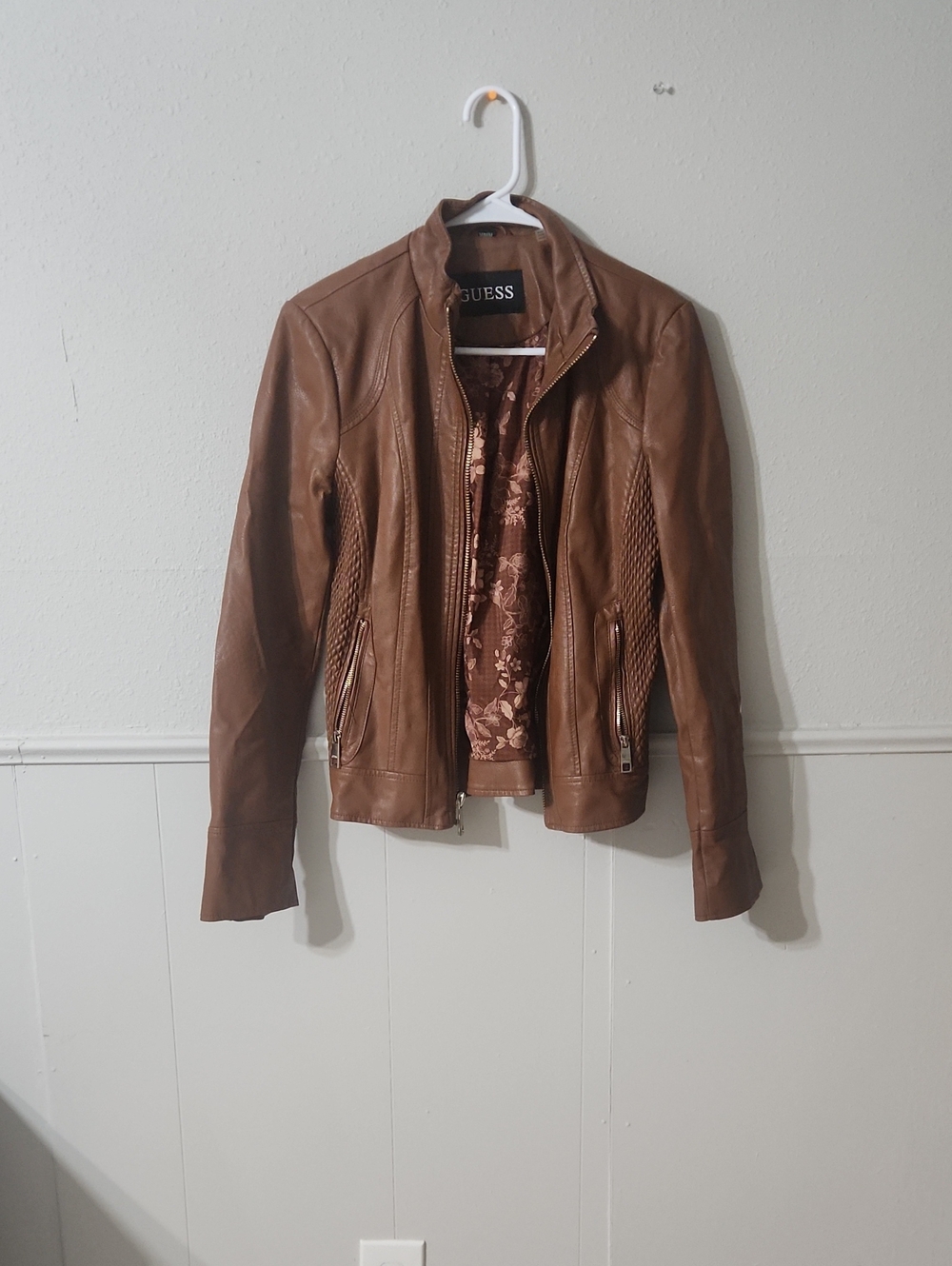 GUESS Tan Brown Leather Racer Jacket